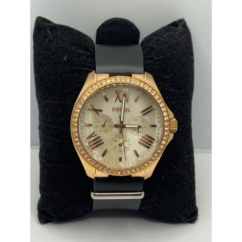 Fossil AM4616 Women's Black Leather Analog Beige Dial Quartz Wrist Watch RU263